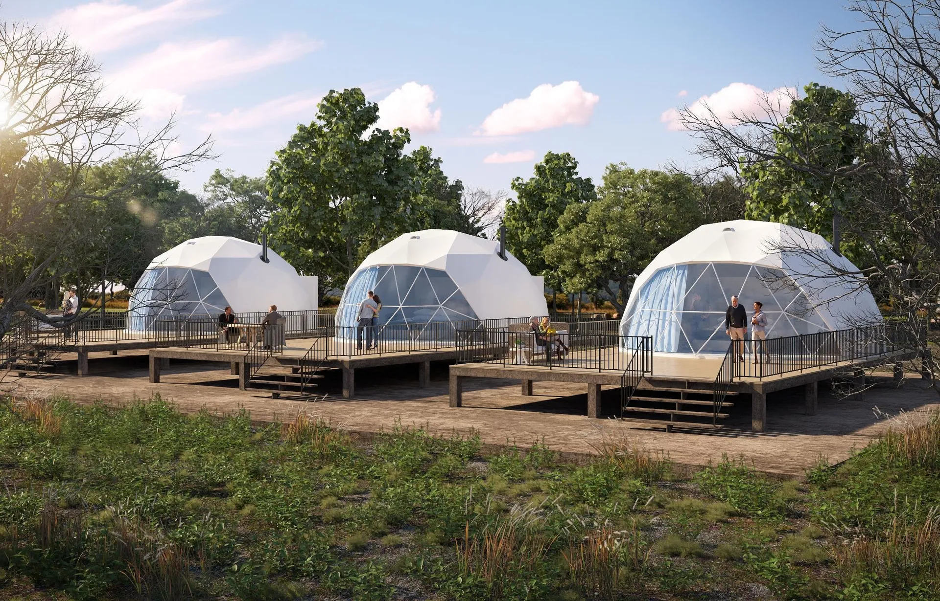 Three dome-shaped tents surrounded by trees and grass